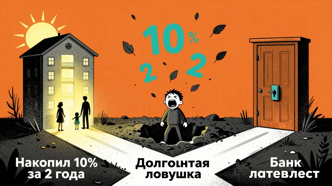 Три пути от перекрёстка: один к квартире, другой в долговую яму, третий — к отказу, в стиле 70-х восточноевропейского плаката.