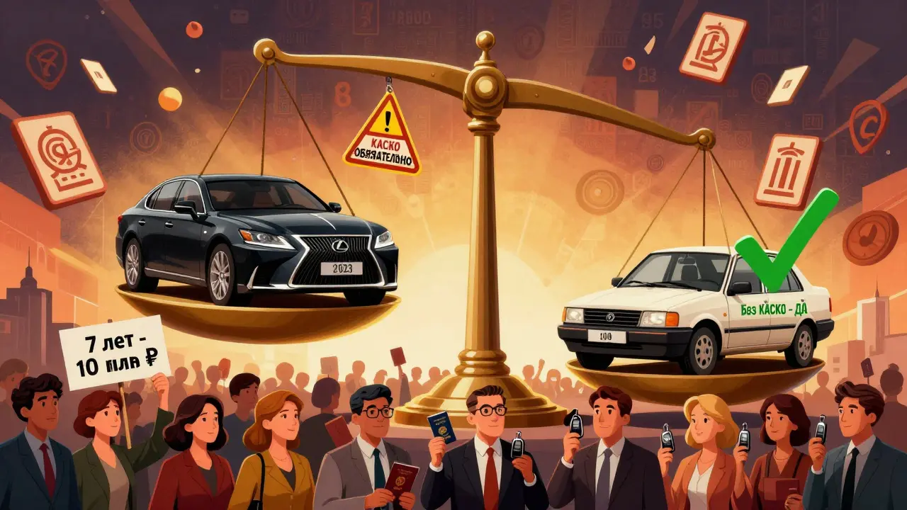 Весы сравнивают роскошный и обычный автомобиль при рефинансировании без КАСКО.