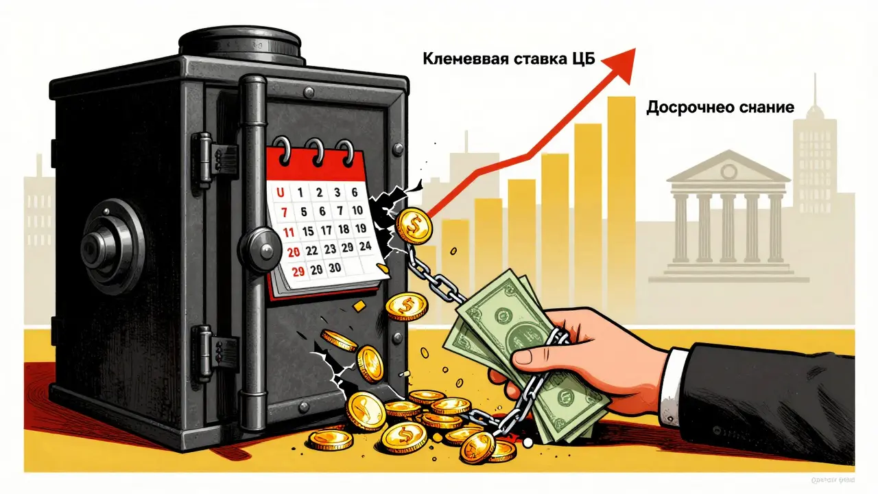 Замкнутая касса с календарём, из которой течёт золото вверх к графику ставки ЦБ, рука пытается вытащить деньги.