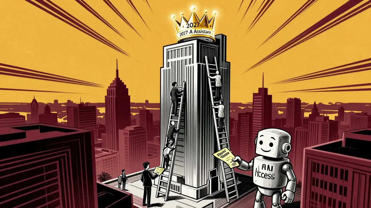 Зарплатная карта как небоскрёб: люди поднимаются по выгодам, наверху — ИИ-ассистент 2027 года.