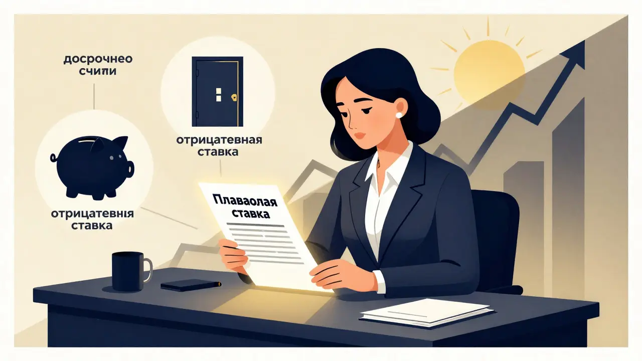 Женщина изучает договор о плавающей ставке, вокруг неё — риски и ограничения.