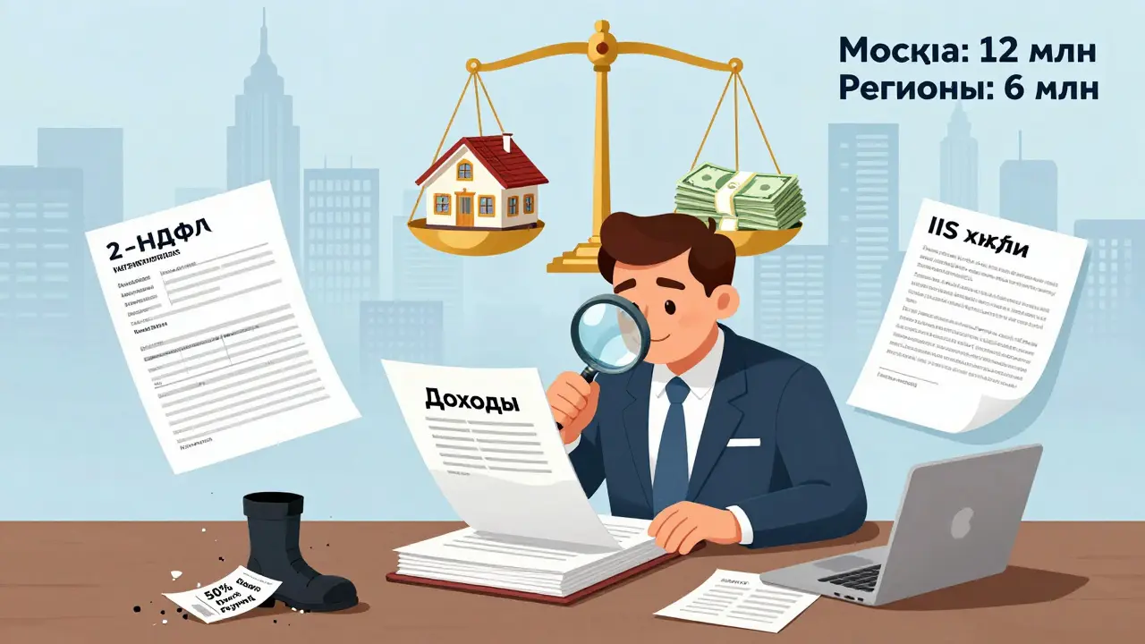 Банковский сотрудник проверяет документы доходов, рядом — куча бумаг и знаки ограничений на ипотеку.