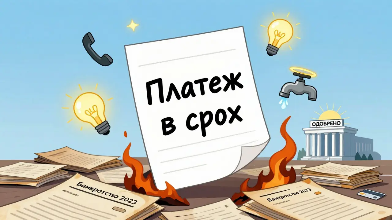 Белый лист бумаги с надписью 'Платеж в срок' плавает над горящими долгами, вокруг — символы платежей, а вдали — светящийся банк 'Одобreno'.
