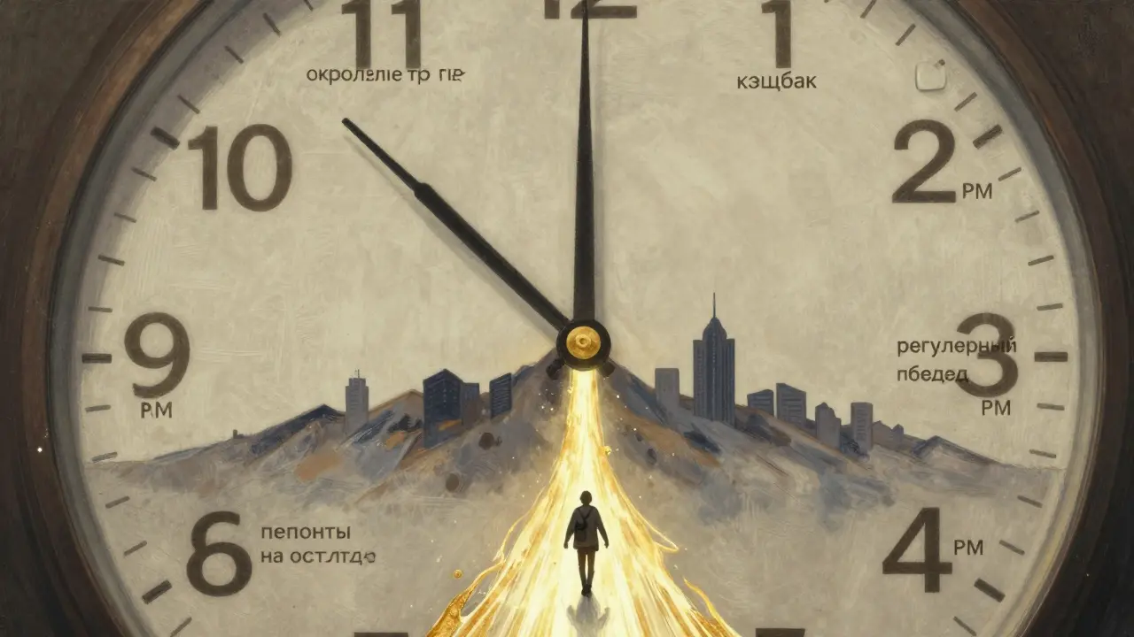 Часы показывают способы накопления, все потоки ведут к горам-городу на горизонте.