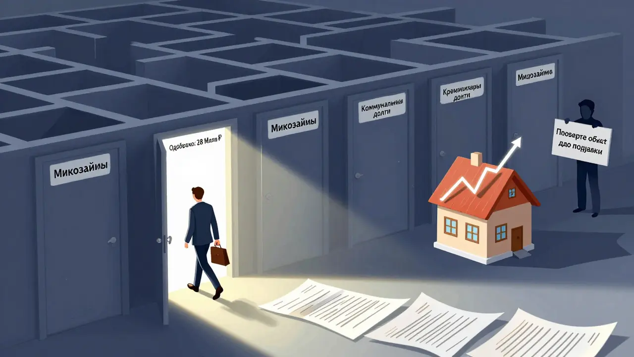 Человек проходит через лабиринт долгов к двери с надписью 'Одобрено', за которой светится дом.