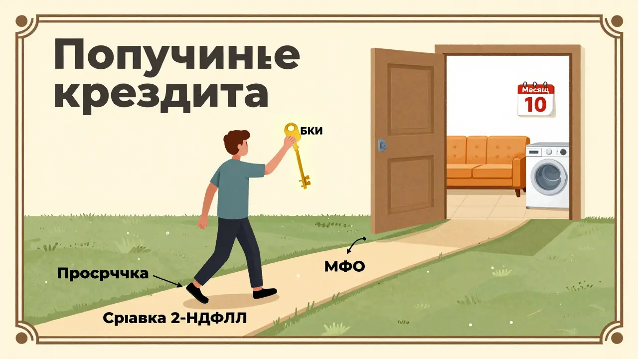 Человек проходит путь к ответственному кредиту, преодолевая препятствия и находя комфорт через грамотное управление долгом.