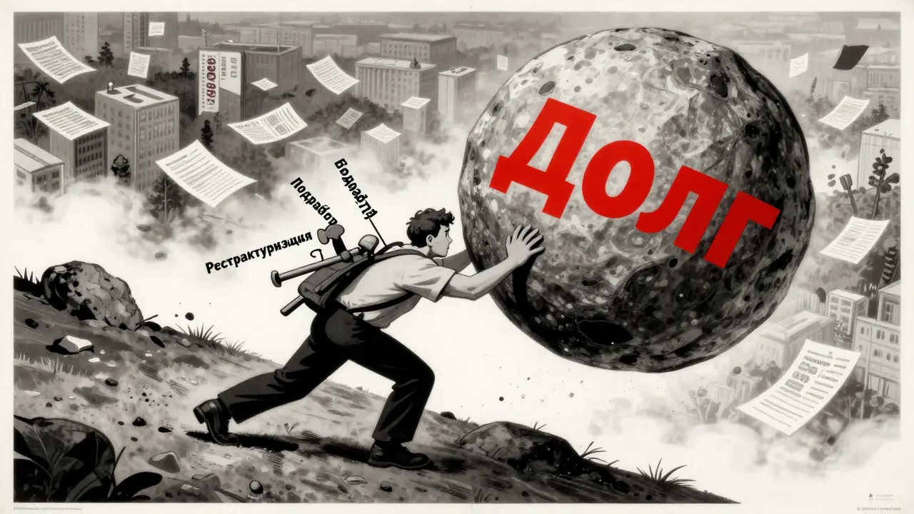 Человек толкает камень 'Долг' в гору, на спине инструменты для выхода из долгов, позади — затерявшиеся кредиты.