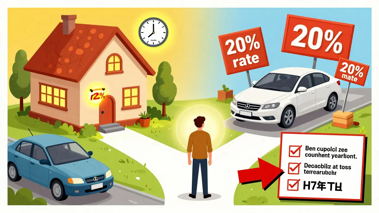 Человек выбирает между накоплением и срочной покупкой машины, с подсказками по локализации, страховке и сроку кредита.