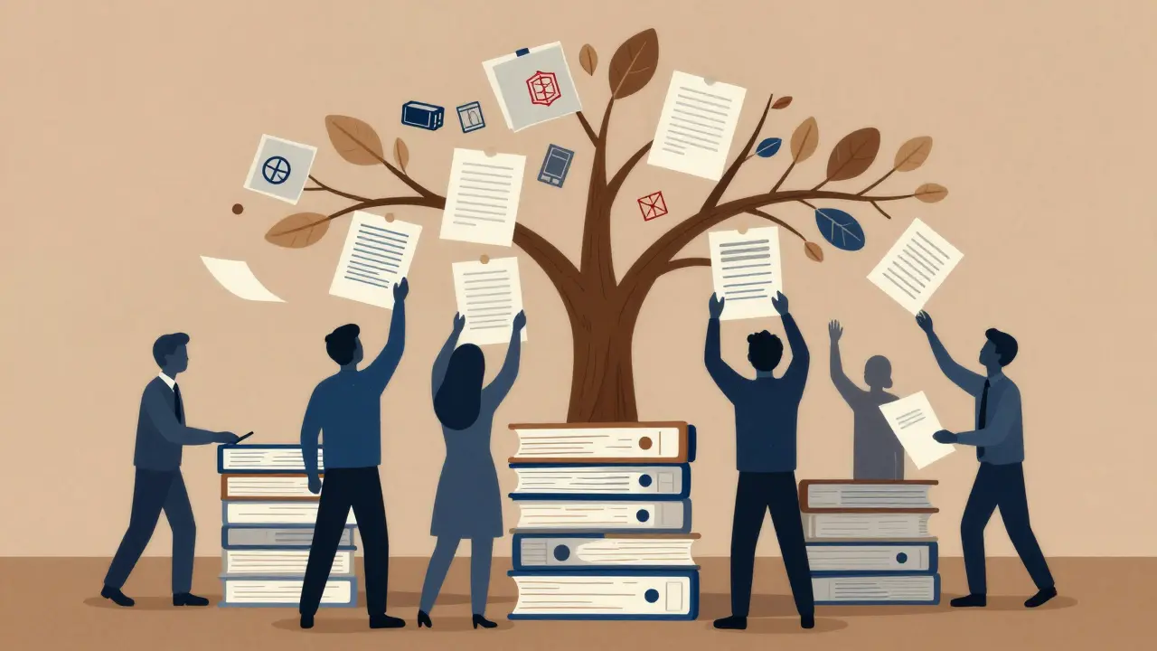 Дерево документов и люди в бюрократическом процессе одобрения.