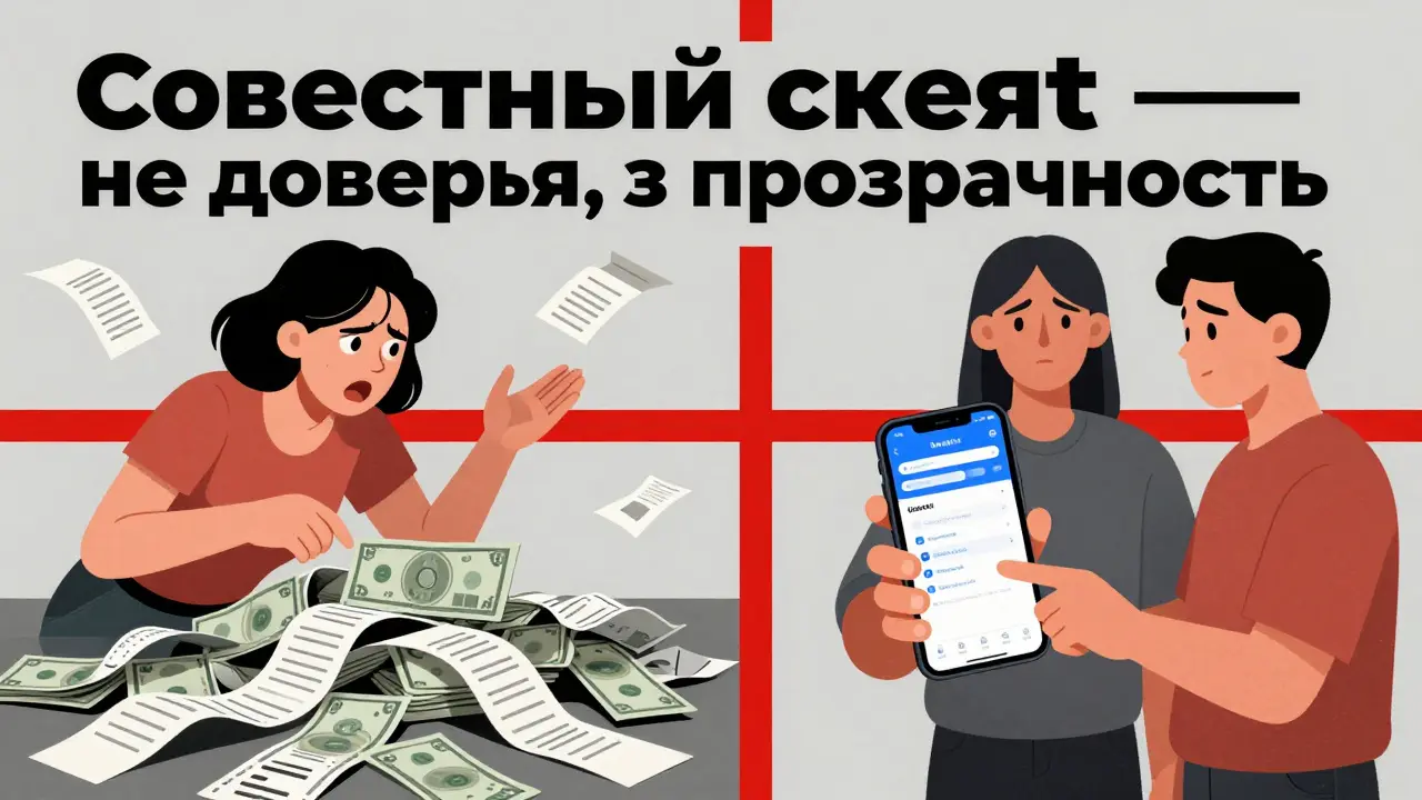 Два сценария: хаотичный спор о деньгах слева и спокойное управление через приложение справа, разделённые яркой линией.