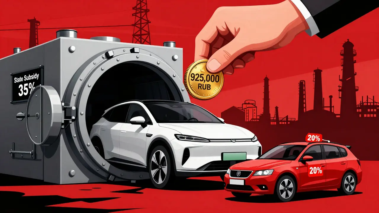 Электромобиль опускается в банк с крупной субсидией, рядом — обычная машина со скидкой, фон — заводы Калуги и Нижнего Новгорода.