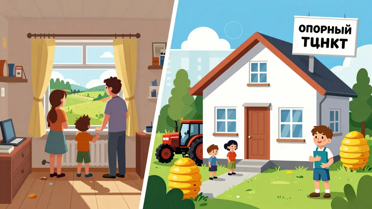 Контраст между городской квартирой и сельским домом с символами жизни и 3% ипотеки.
