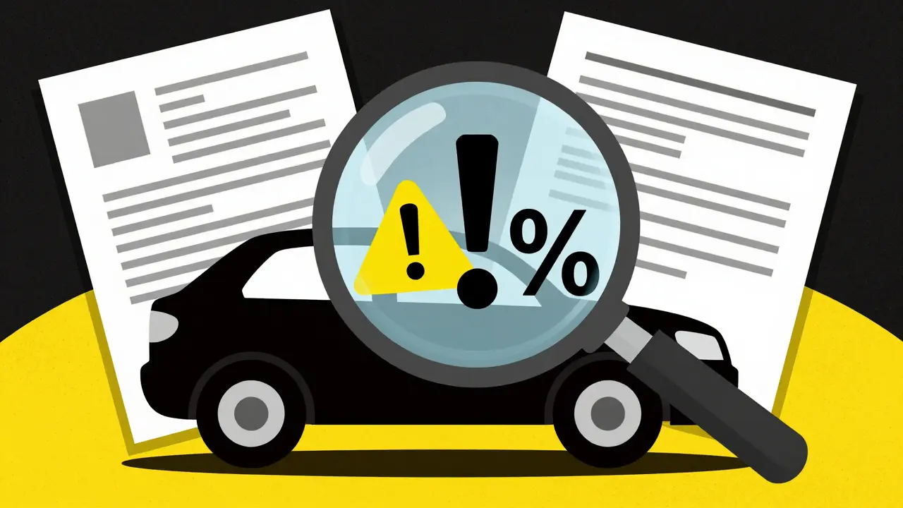 Лупа над машиной с символами риска и процентов