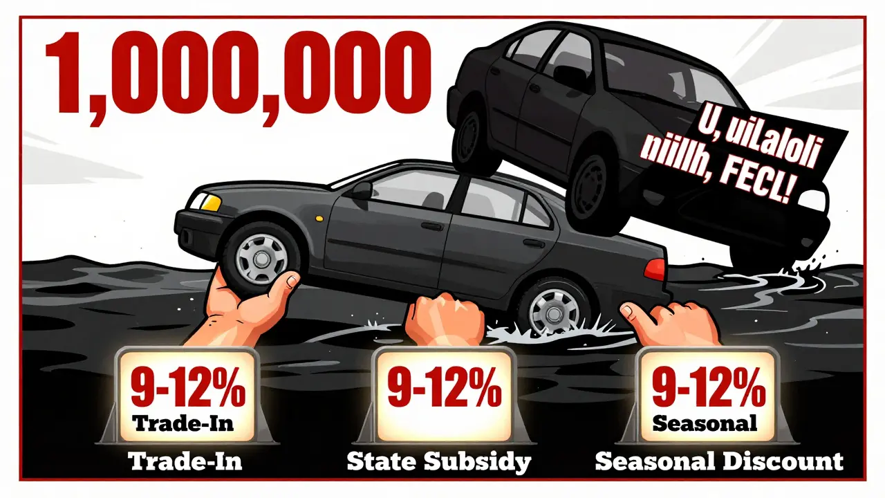 Машина поднимается тремя силами — трейд-ин, субсидией и сезонной скидкой — к низкой ставке, пока другая тонет под сбором.