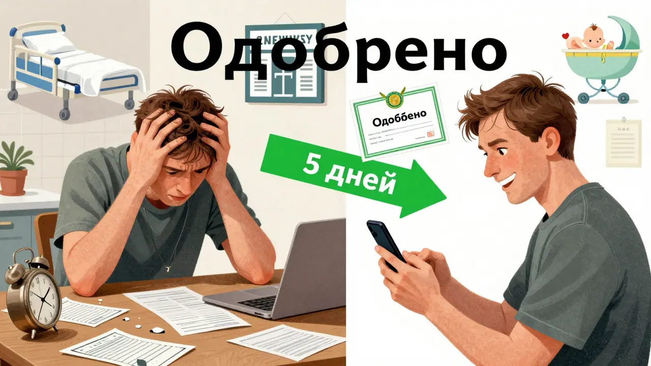 Мужчина подаёт заявление на каникулы через телефон — справа одобрение, слева стресс.