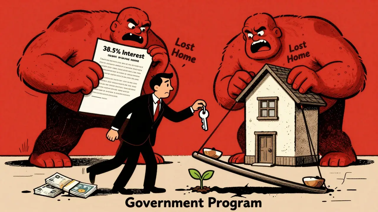 Мужчина получает ключ, но за ним тянутся угрожающие тени высоких процентов и потери жилья.