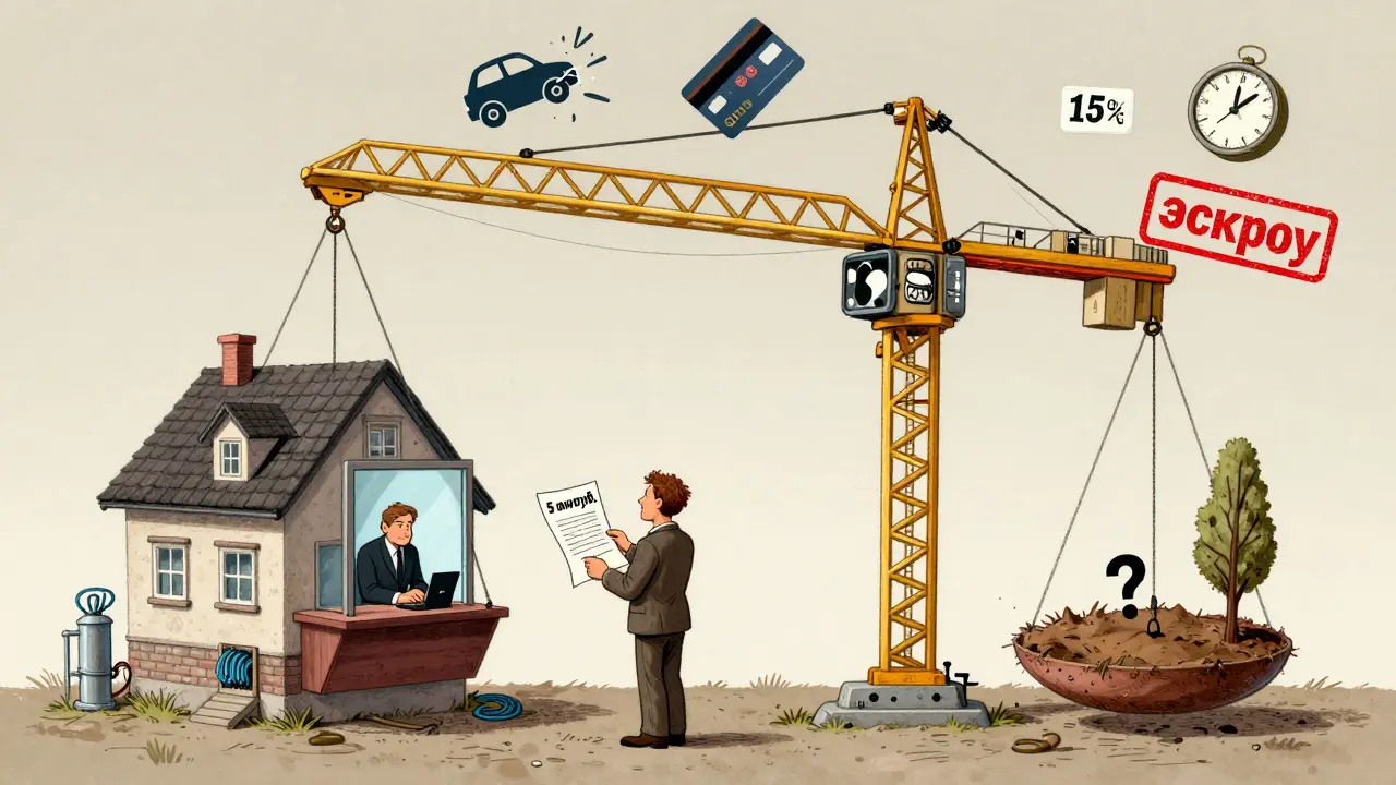 Мужчина смотрит на весы, где с одной стороны — дом с инфраструктурой, с другой — пустой участок.