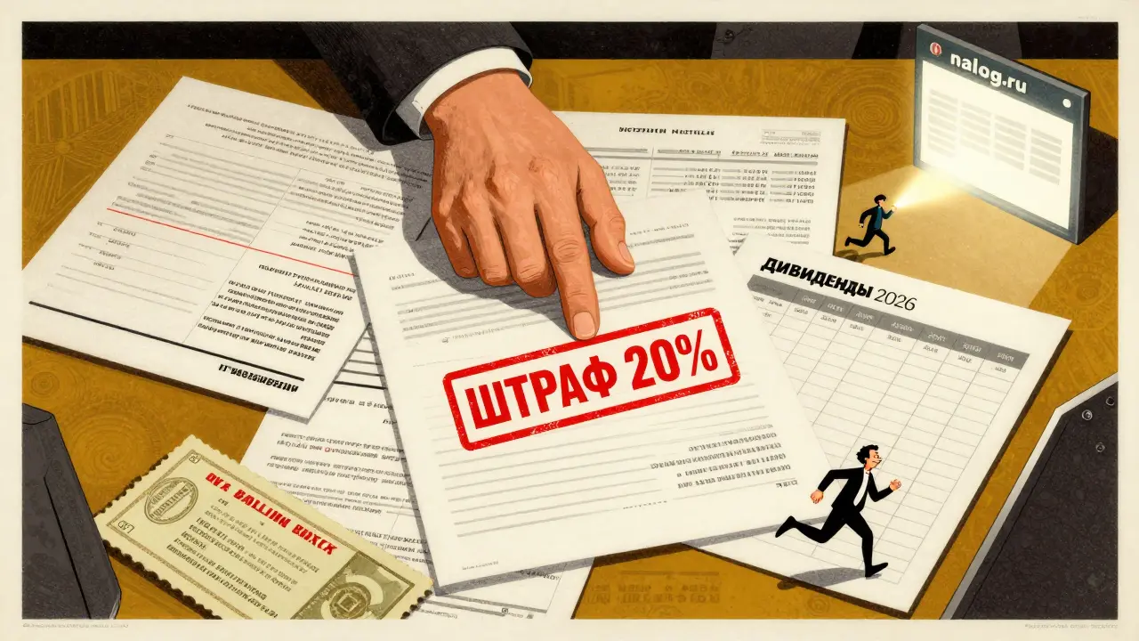 На столе хаос из финансовых документов, над которым падает красная печать штрафа, а человек бежит к сайту налоговой.