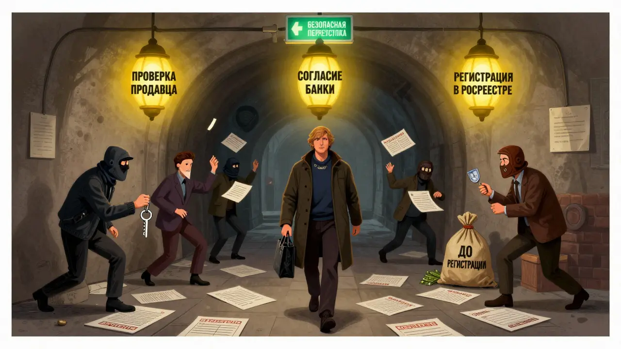 Покупатель идет по пути безопасности через три проверки, обходя ловушки мошенников, с эскроу-щитом на груди.