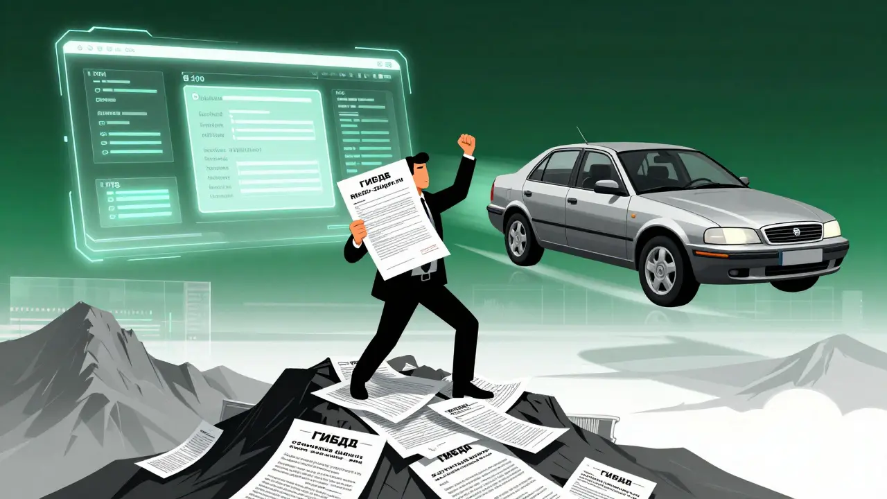 Покупатель стоит на горе ложных документов, а машина плывёт к прозрачному будущему с автоматической проверкой.