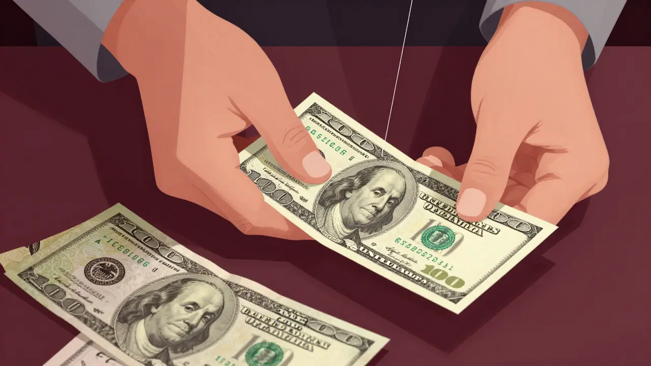 Проверка качества купюр под лупой с новыми и старыми банкнотами.