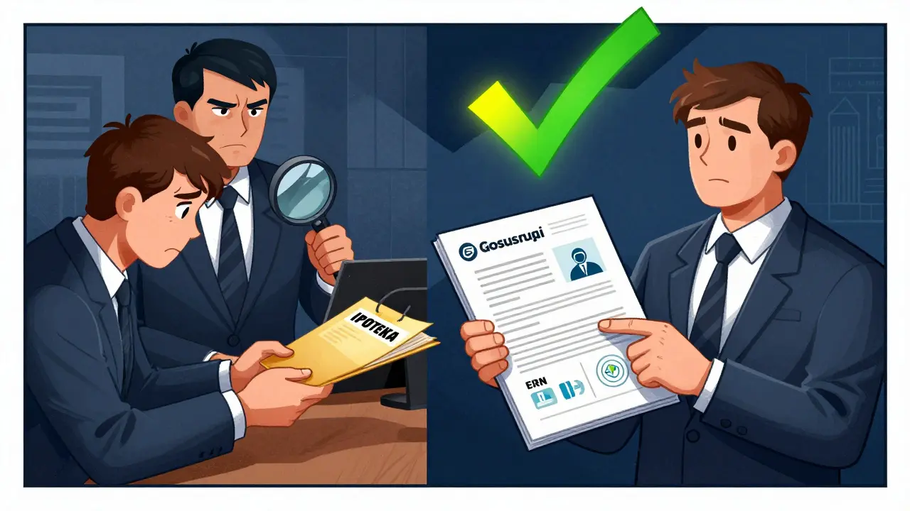 Разделённая сцена: один человек сдает тонкую папку, другой — толстую организованную папку с цифровыми значками.