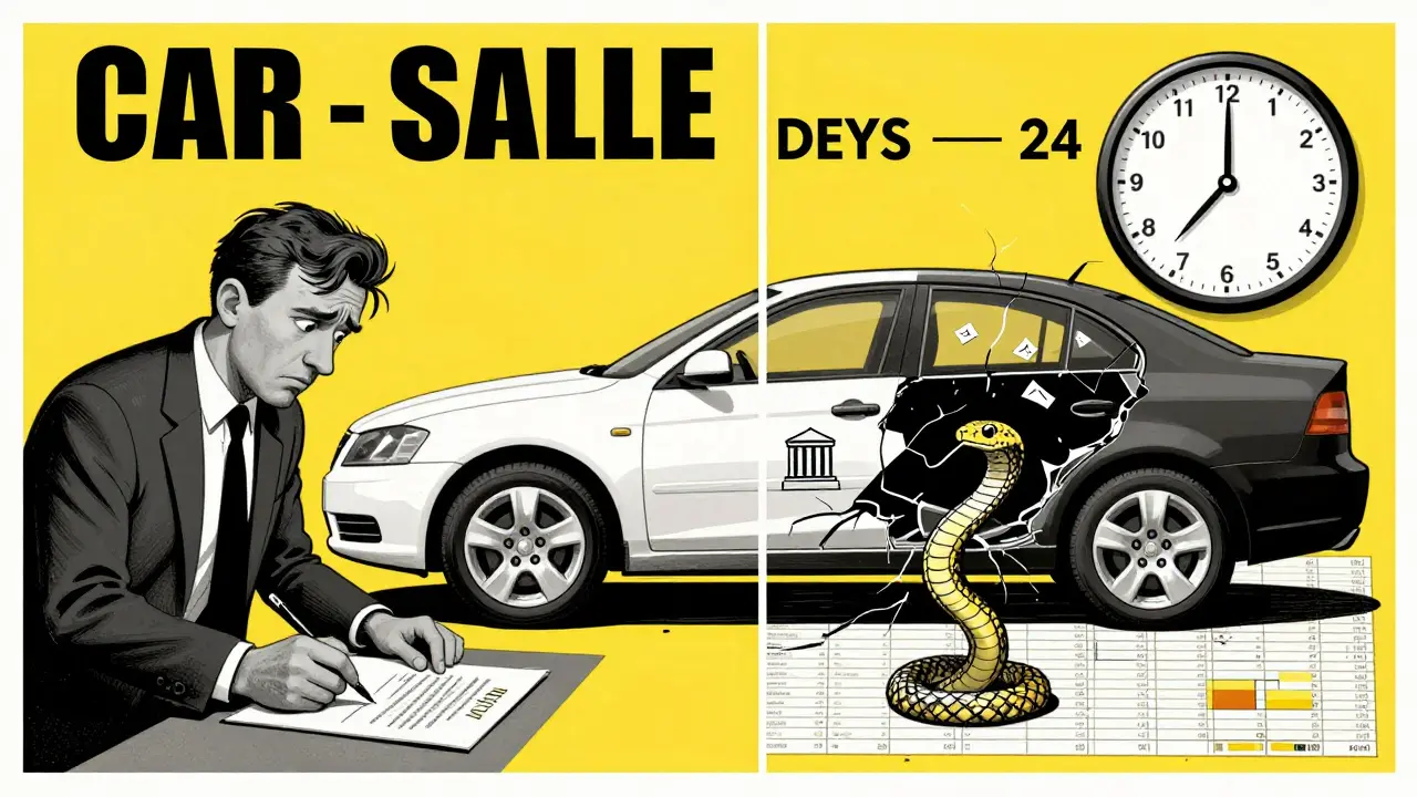 Разделённая сцена: одна сторона — подпись договора, другая — скрытый залог, который раскрывается со временем.