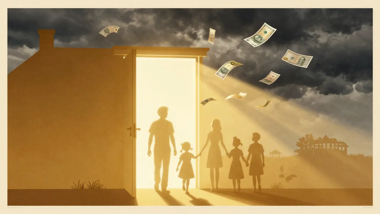 Счастливая семья в доме со светом и деньгами