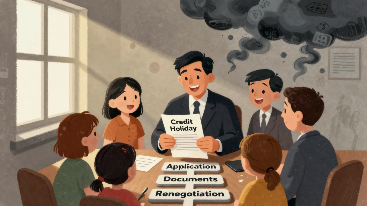 Семья получает помощь юриста — свет проникает сквозь окно, символизируя надежду на решение долга.