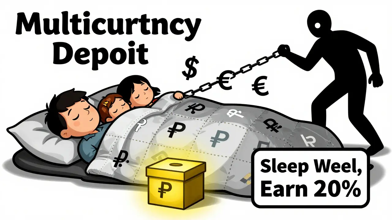 Семья спит под одеялом с рублями, тень мультивалютного вклада тянет их сбережения.