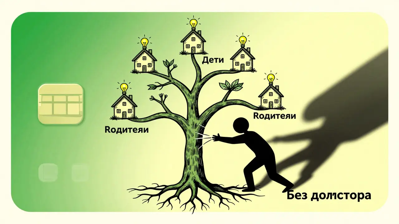 Семейное дерево растёт из банковской карты, ветви — участники счёта, тенью пытается его уничтожить 'Без договора'.