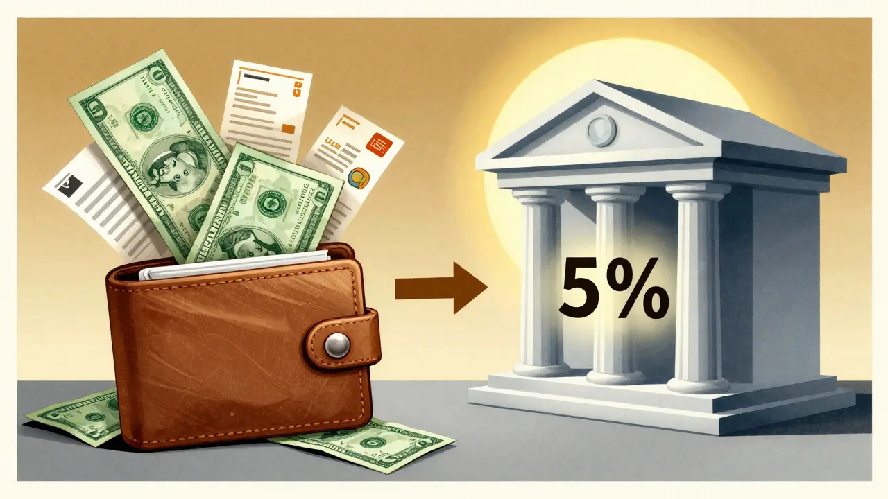 Слева — хаос денег и подписок, справа — чистый счет с автоматическим переводом, символизирующий перемену.