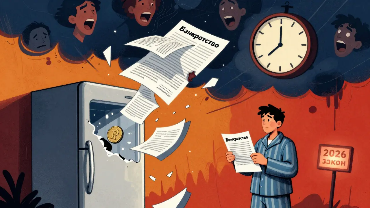 Сломанный холодильник с монетой, над ним — спираль займов и знак '2026 закон', человек держит заявление о банкротстве.