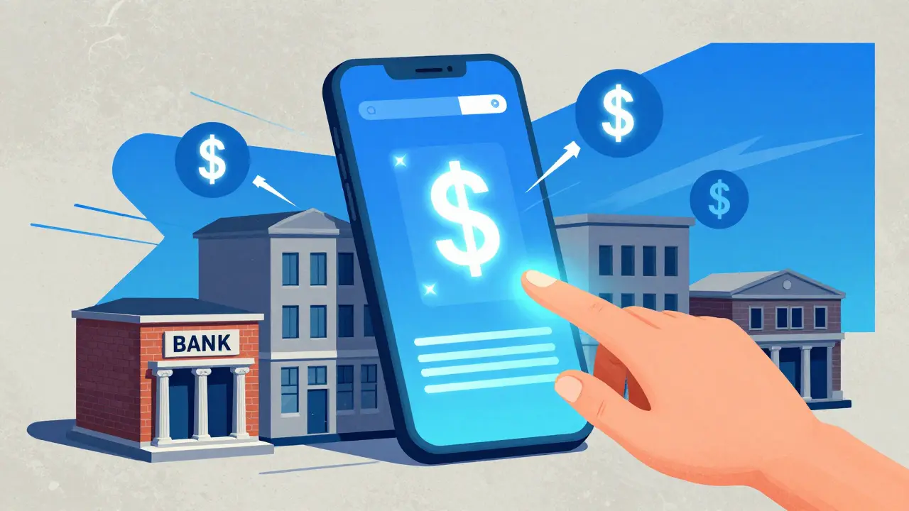 Смартфон над банком символизирует выгодный онлайн обмен валюты.