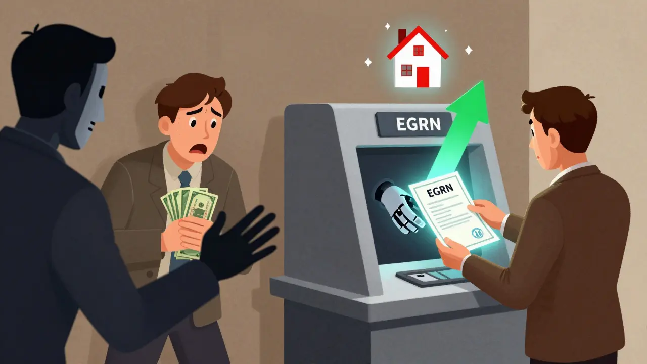 Сравнение рисков: с одной стороны — мошенник с поддельными бумагами, с другой — банк проверяет документы через автомат.