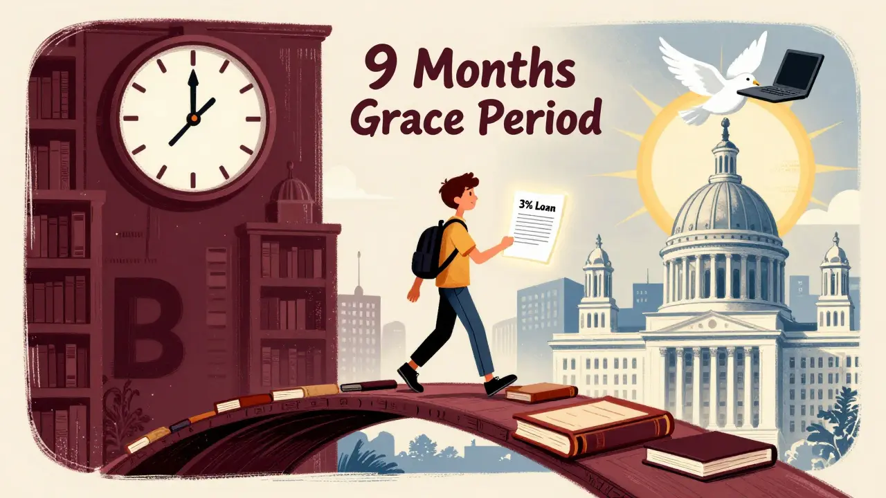 Студент идет по мосту из книг к светлому университету, за ним — часы с надписью '9 месяцев льготного периода'.