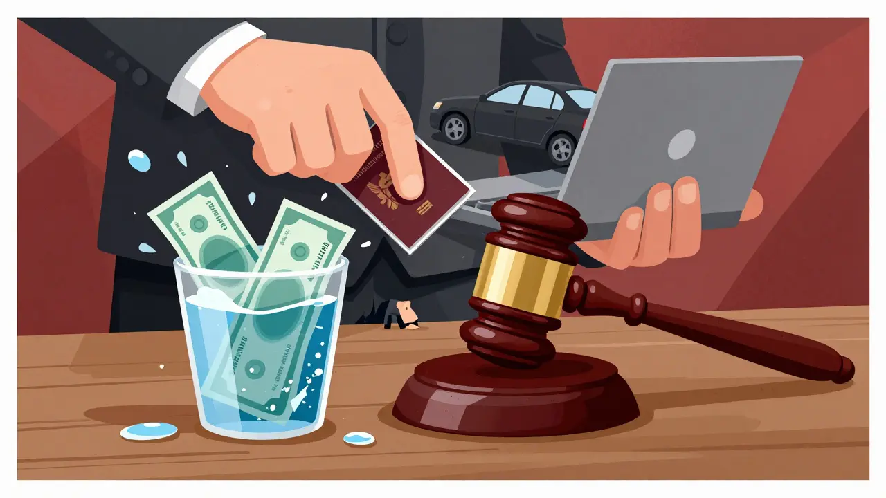 Судебный пристав забирает имущество: машину, паспорт и технику, пока человек прячется.