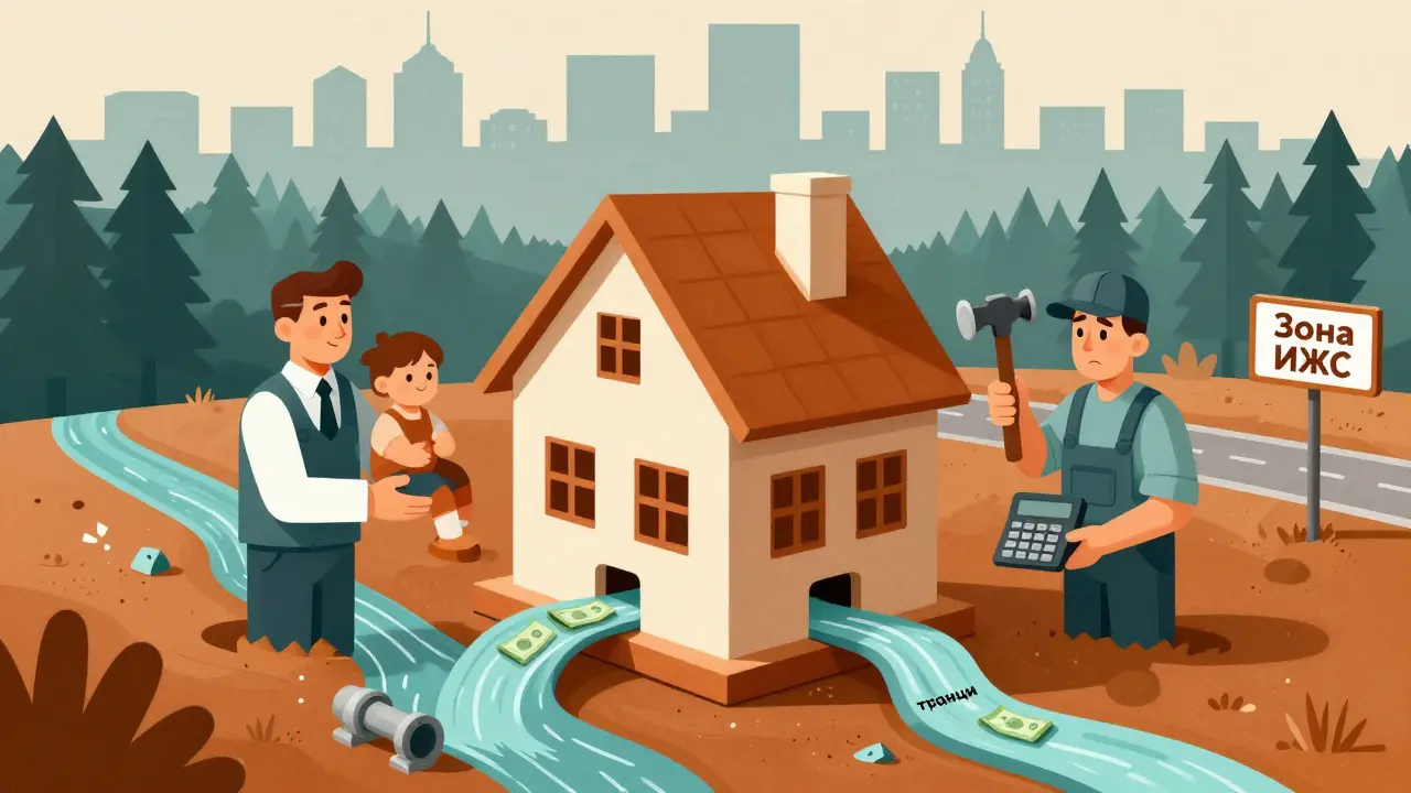 Три руки строят дом: государство, подрядчик и заемщик, над ними — задержанные платежи.