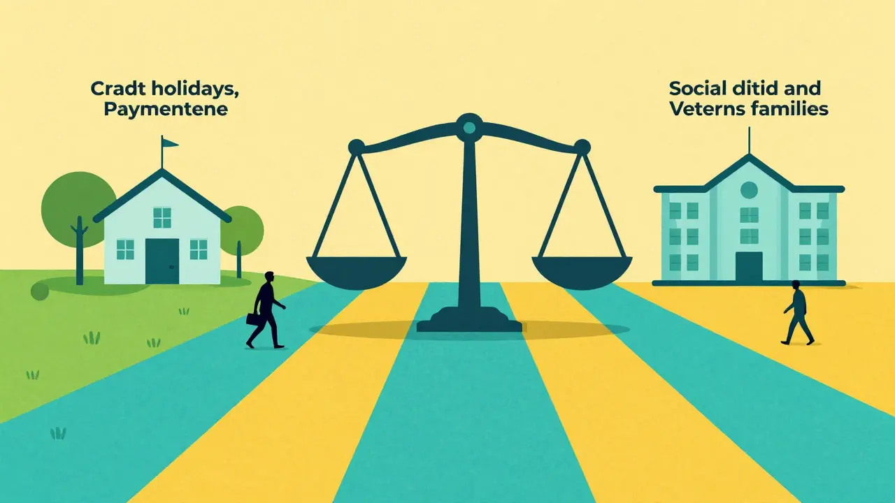 Весы с путями финансовой поддержки и каникул для заемщиков.