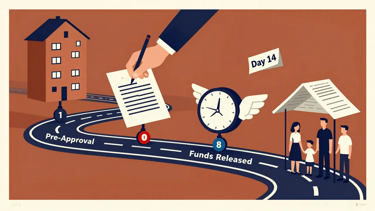 Временная линия в виде дороги от одобрения до выдачи денег, с символами дома, подписи и часов, обозначающими 14 дней.