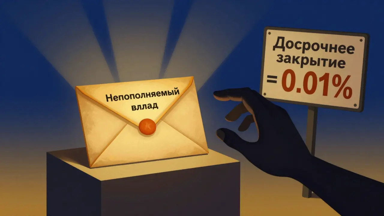 Запечатанный вклад с лучами дохода, рядом — предупреждение о потере процентов при досрочном закрытии.