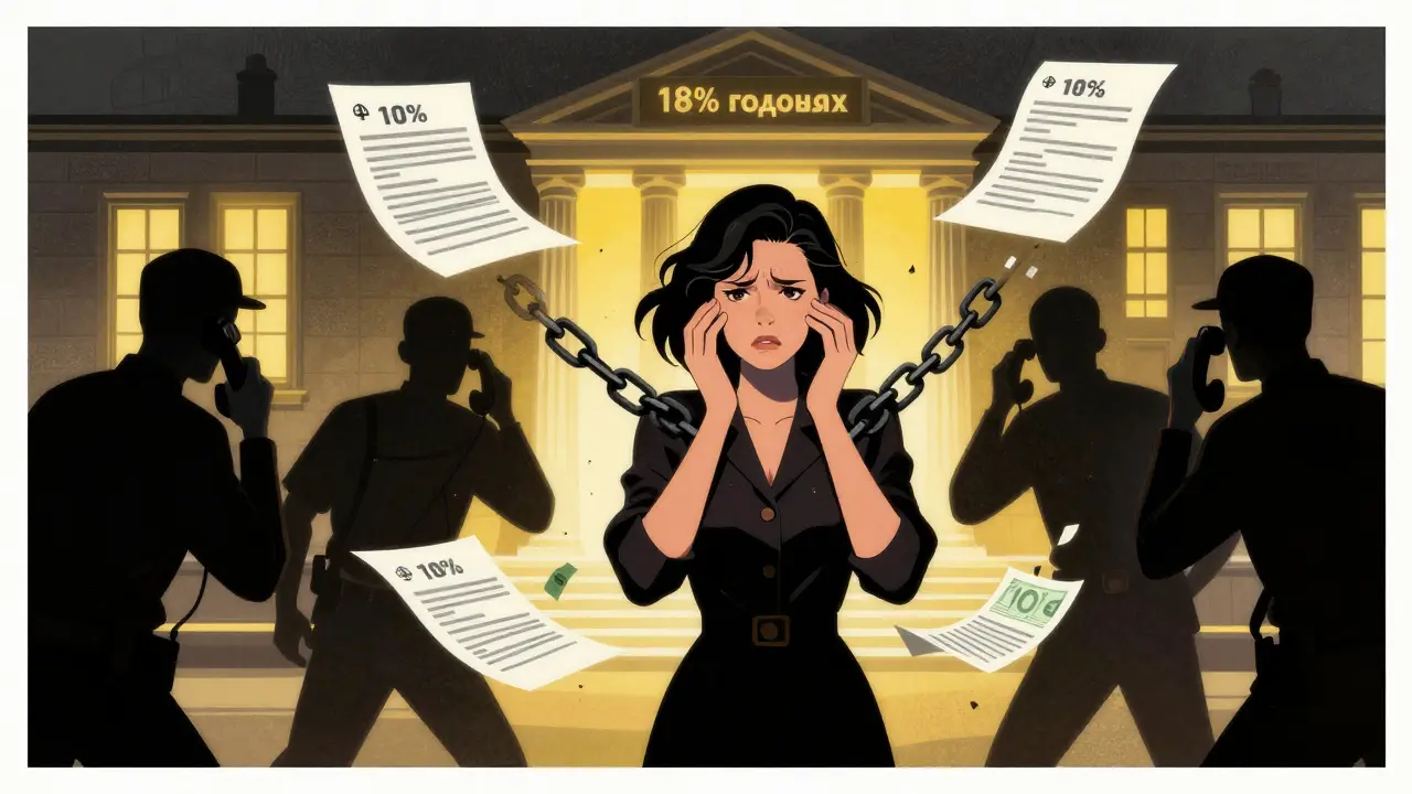 Женщина в окружении долговых цепей и коллекторов, фоном — тёплый свет банка и исчезающая зарплата.