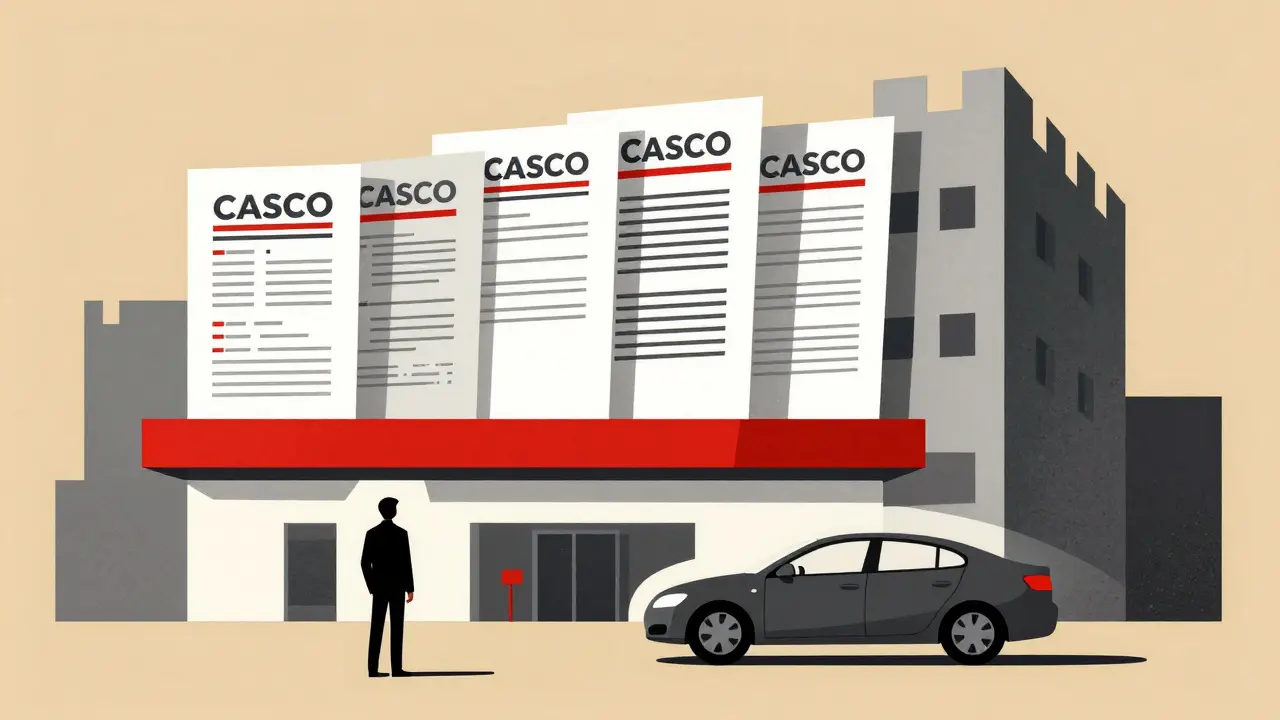 Абстрактная иллюстрация человека перед стеной страховых документов в автосалоне