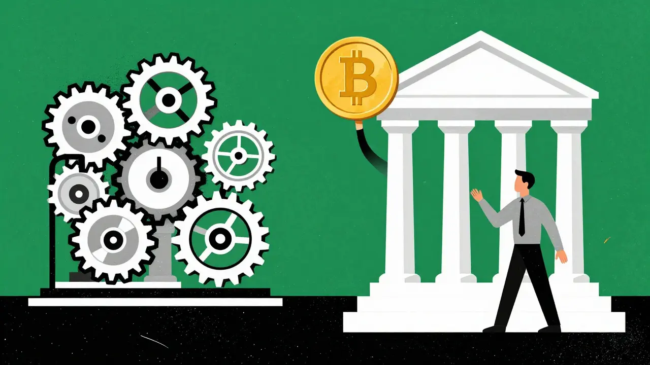 Человек, балансирующий золотую монету на фоне банковских механизмов