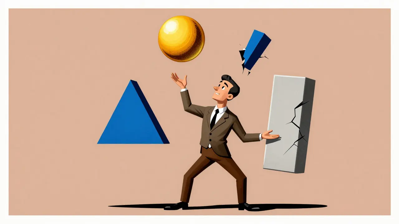 Человек жонглирует символами активов в абстрактном стиле польского плаката