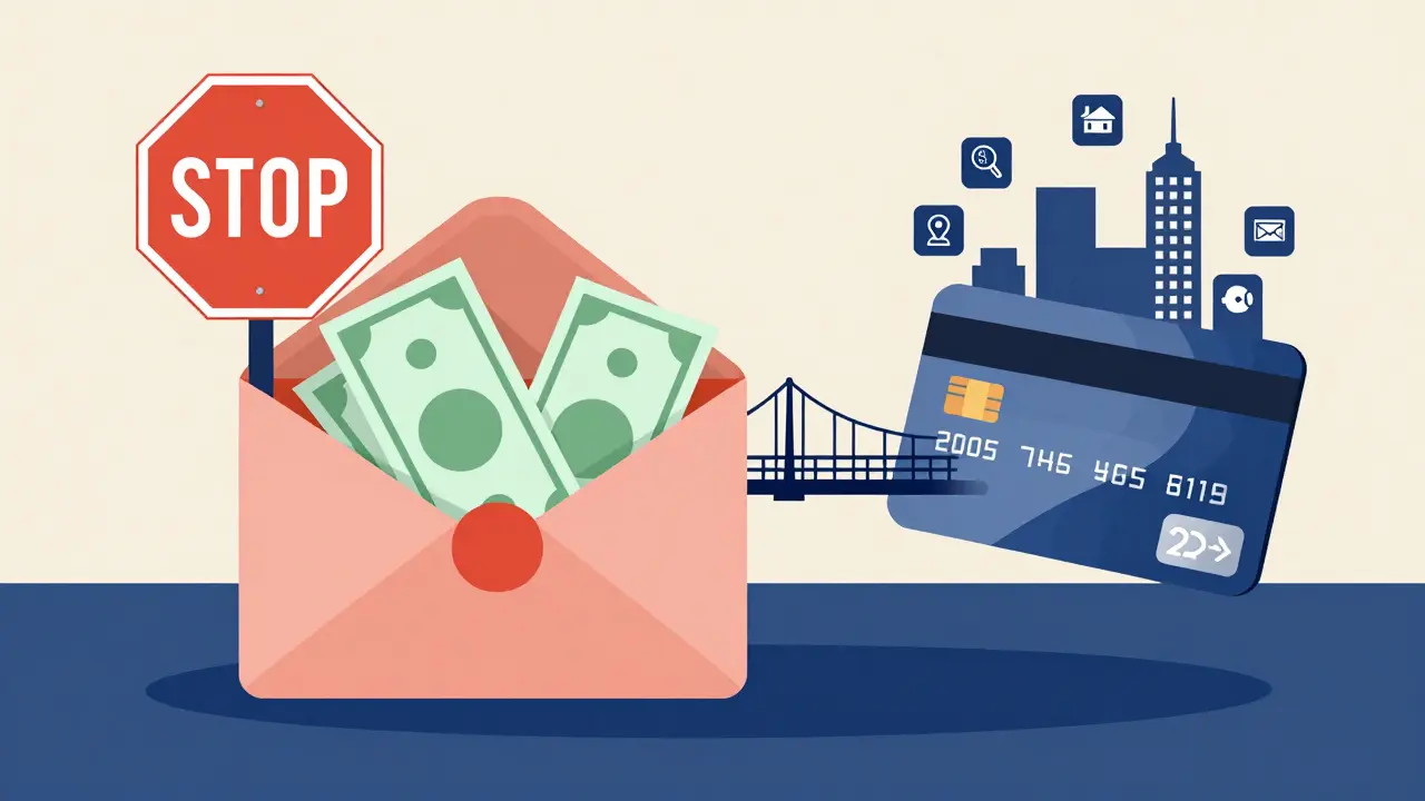 Иллюстрация конверта с наличными и банковской карты как символов гибридного управления бюджетом