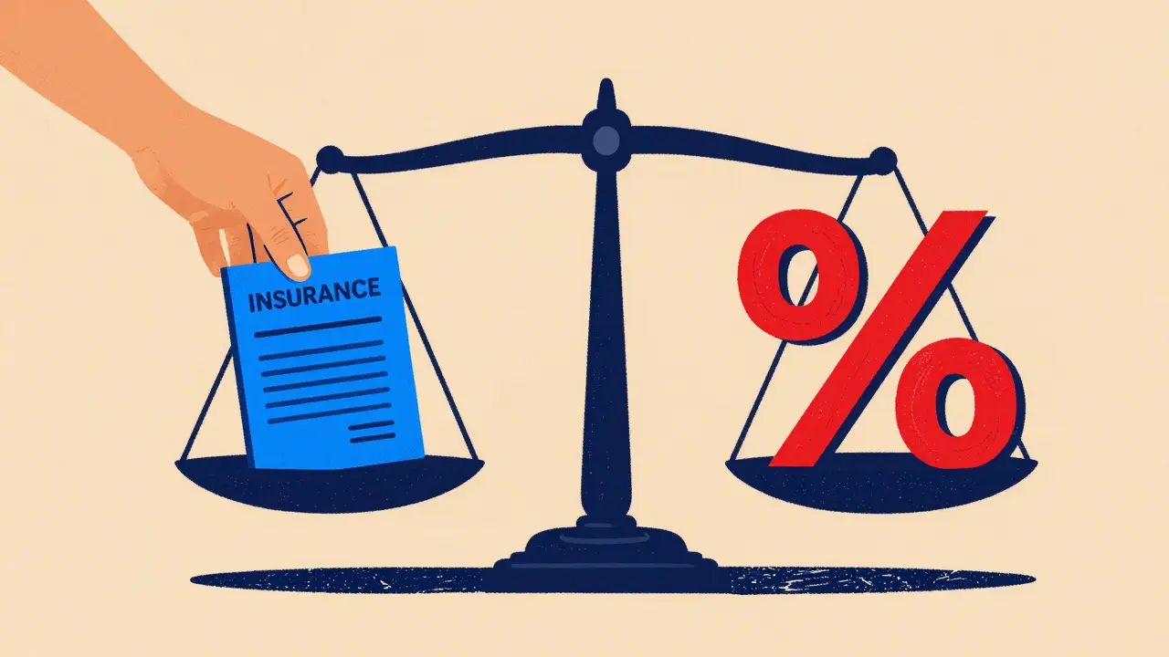 Концептуальные весы, где страховой полис уравновешивается символами процентов