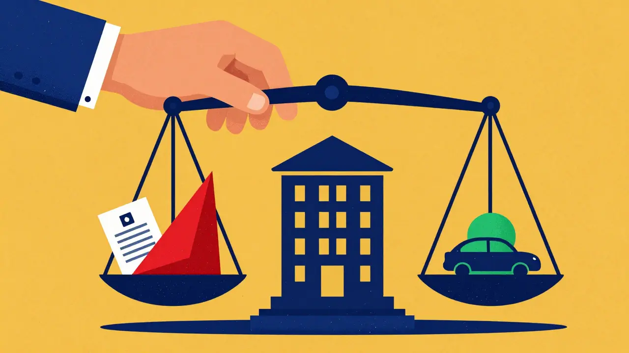 Метафора банковских рисков: весы с паспортом и залоговым имуществом