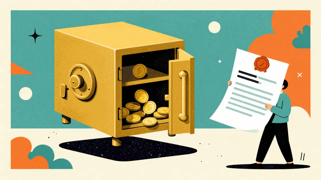 Метафорическое изображение банковского сейфа и договора в стиле польского плаката