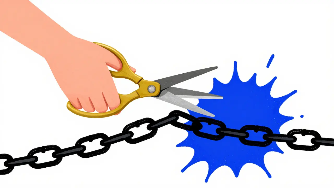 Рука с золотыми ножницами перерезает черную цепь кредитного долга